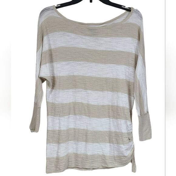 Express Tan Stripe Side Cinch Lightweight Slub Knit Sweater Neutral Small Top - Picture 1 of 9